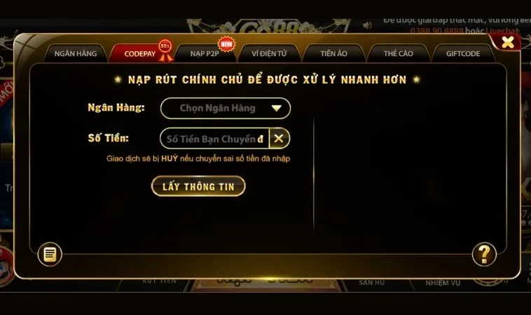 Giao diện nạp tiền Go88