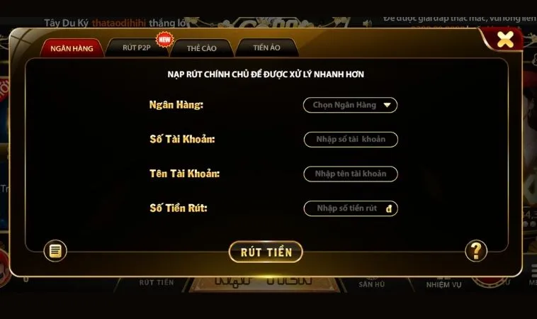 Giao diện rút tiền Go88